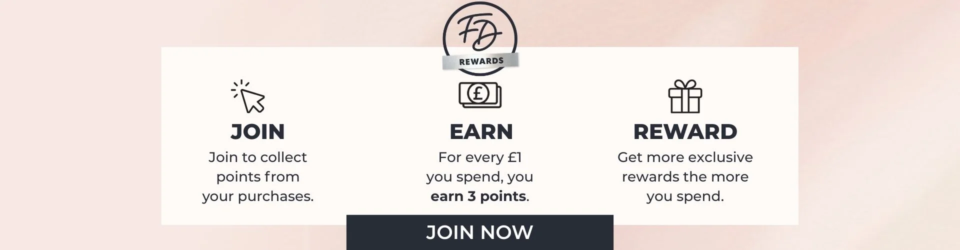How FD Rewards Works - Shop | Earn | Reward - Earn FD reward points every time you shop | For every £1 you spend, you earn 3 points | When you have 500 points, you can start spending your points